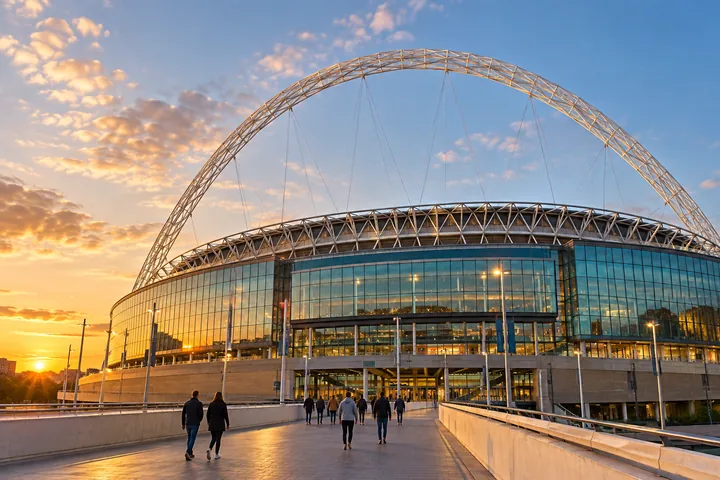 Visitors approaching the Wembley Stadium entrance in early-evening light