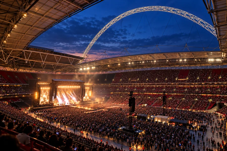A concert crowd and illuminated stage inside Wembley Stadium
