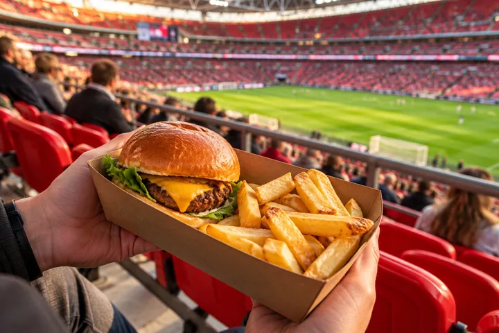 A burger and chips held by a spectator in the Wembley Stadium stands