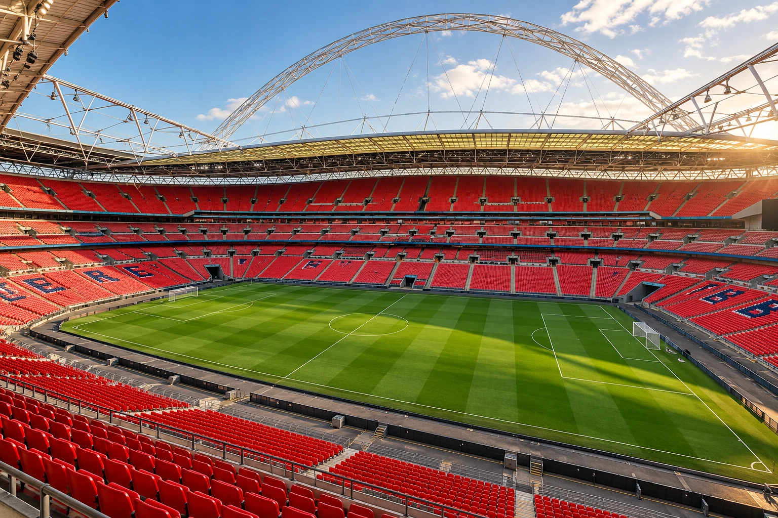 Wembley Stadium pitch, red stands and iconic arch in warm late-afternoon light