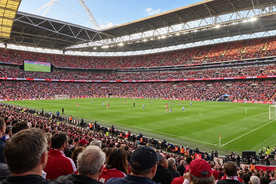 Spectators watching football from the Wembley Stadium stands